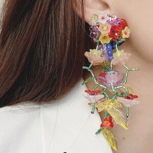 Bohemia Acrylic Handmade Beaded Flowered Leaves Earrings